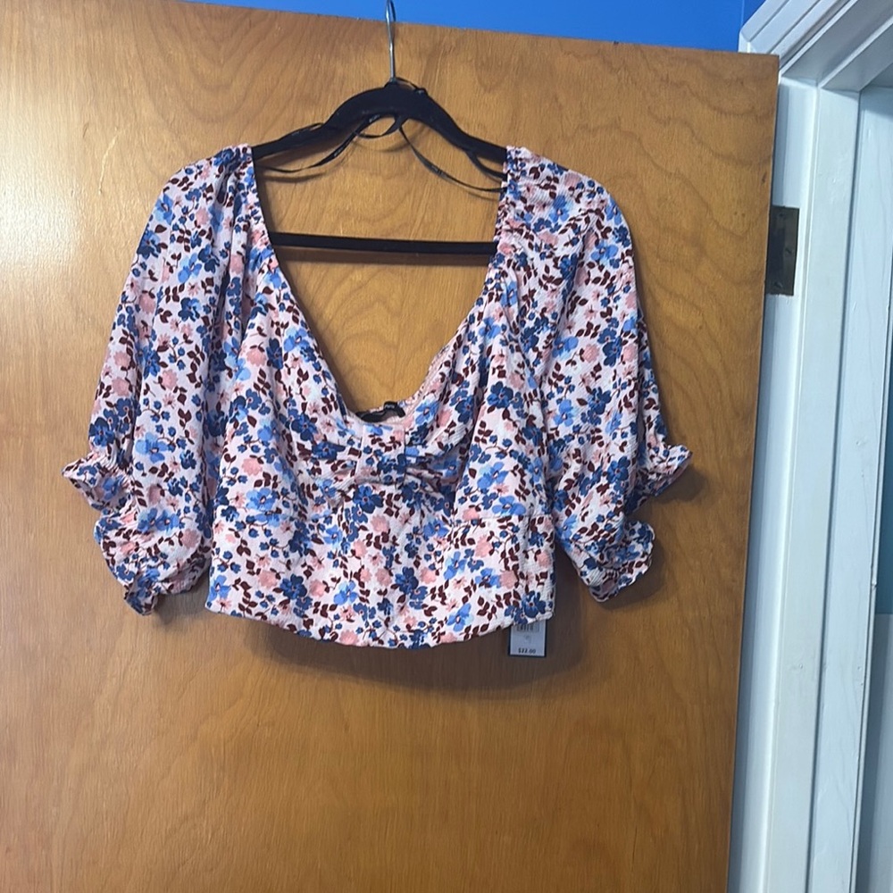 BCBG Paris Pink and Blue Puff Sleeve Floral Crop Top XXL
